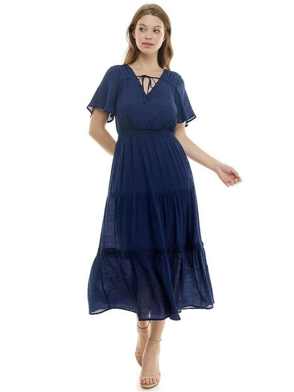 Luxology Navy Blue Tie Front Tiered Gauze Midi Dress